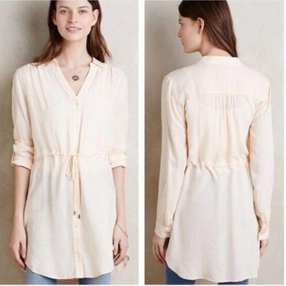 Anthropologie HD in Paris Carmina Tie Blouse LS Tunic in Cream Off White